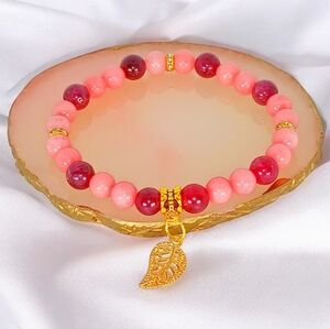 Red Garnet & Pink Rhodonite Crystal with Leaf Charm Bracelet Preppy Dollette Y2K